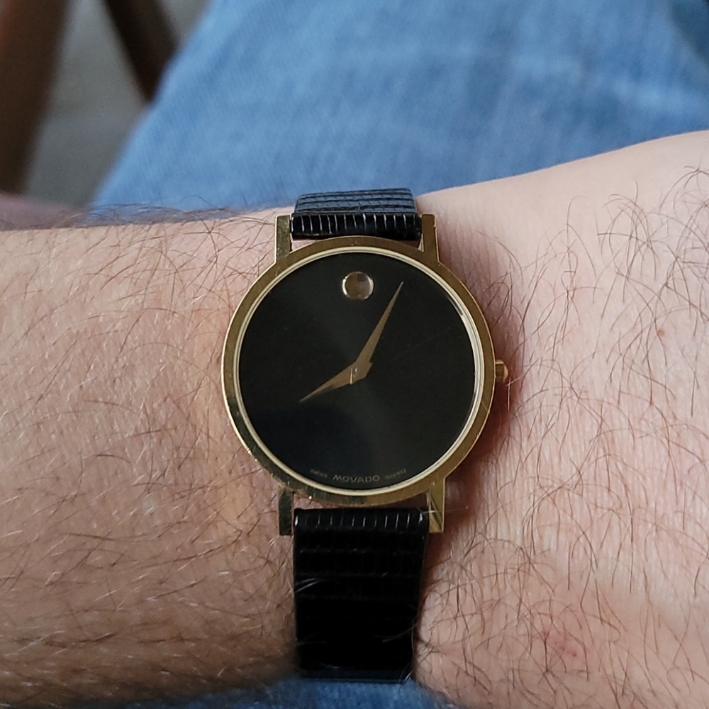Movado Museum Swiss Watch Gold & Black Lizard Band